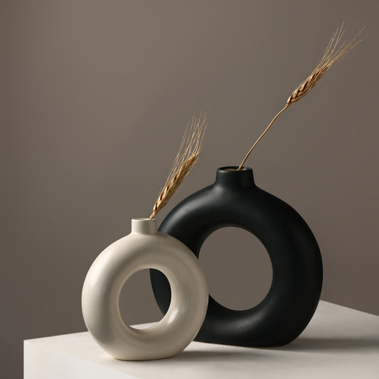 Ceramic Classic Donut Vase Set of 8" black &  6″ white – Minimalist Artistry for Modern Spaces
