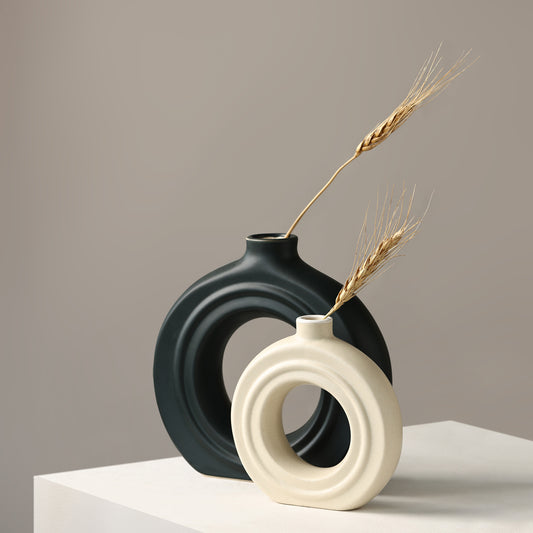 THE YIN-YANG RIBBED SET - Handcrafted Ceramic Vase Set of two (8" black &  6″ white)