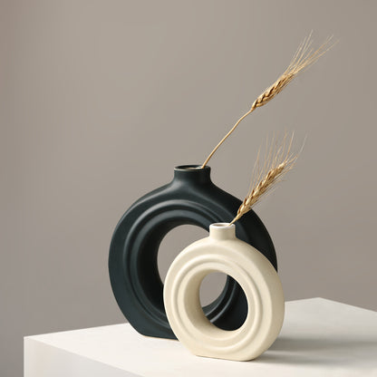 Ceramic Ribbed Donut Vase Set of 8" black &  6″ white – Minimalist Artistry for Modern Spaces
