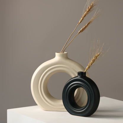 Ceramic Ribbed Donut Vase Set of 8" white &  6″ black – Minimalist Artistry for Modern Spaces