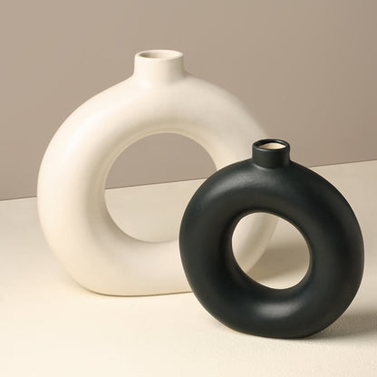THE YIN-YANG CLASSIC DONUT SET - Handcrafted Ceramic Vase Set of Two (8" & 6″)